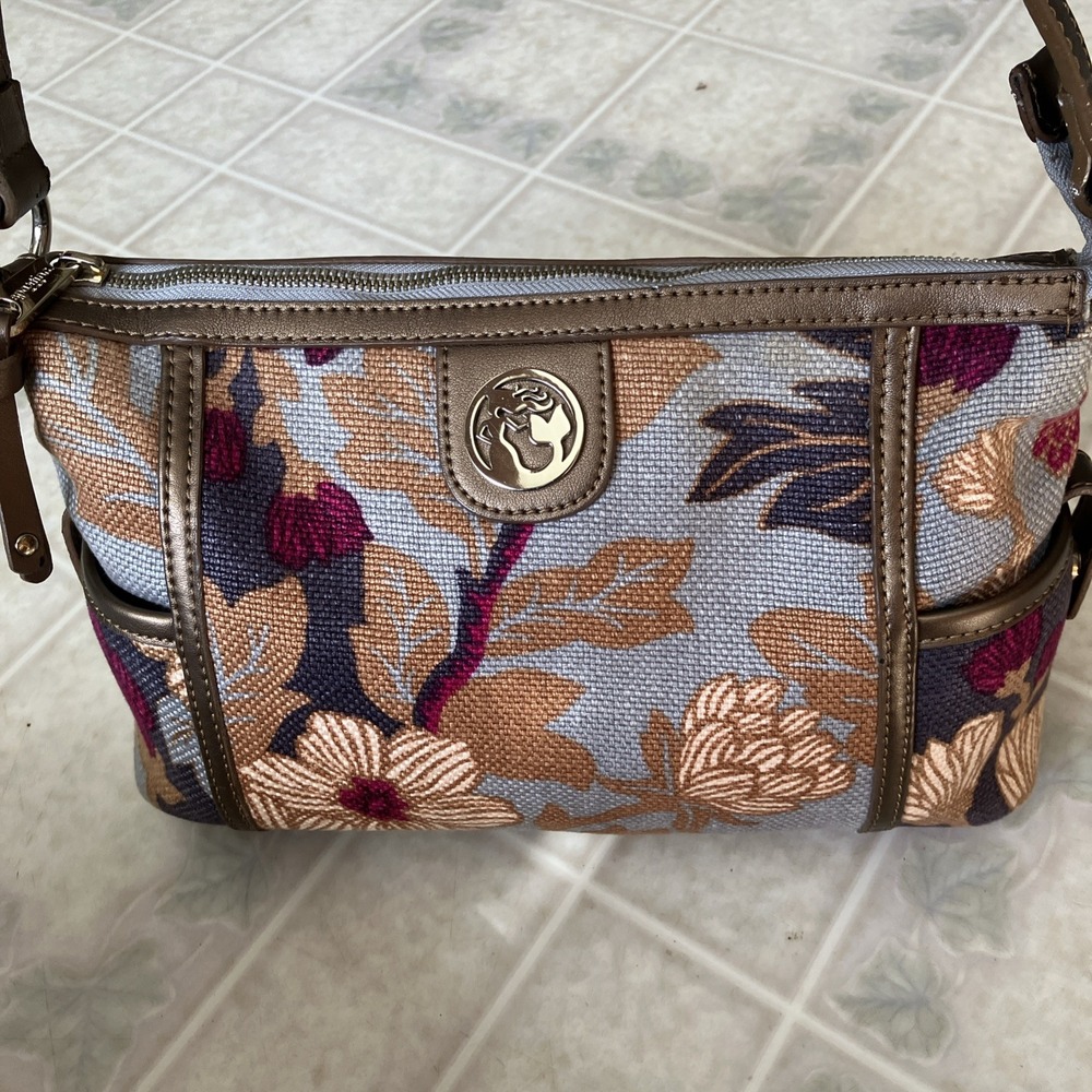 Spartina Floral Shoulder Bag Zip Closure Linen one Strap Gray Pink Brown